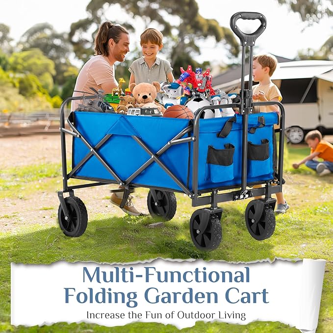 DUMOS Foldable Wagons Carts with All-Terrain Wheels, 120L & 360LBS Portable Shopping Wagon Large Capacity Utility Cart with Drink Holders, Heavy Duty Collapsible for Sand, Beach, Gardening(Large Blue)