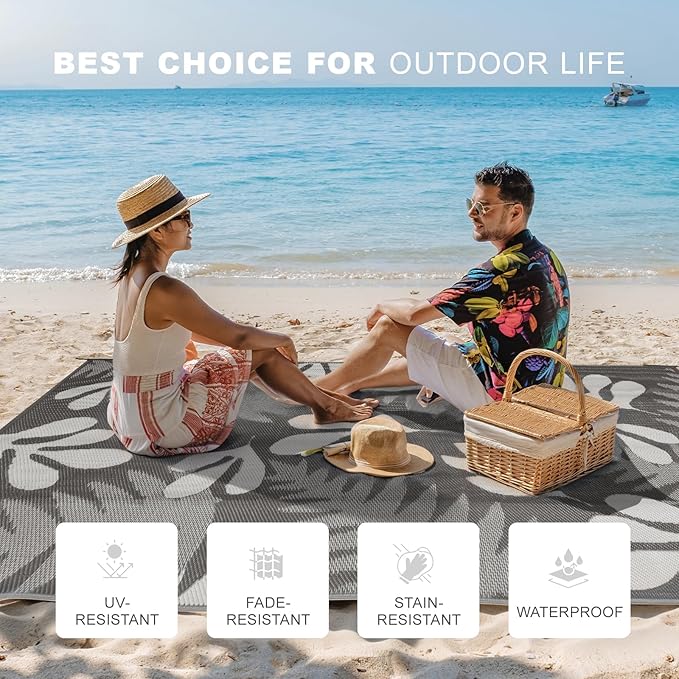 wikiwiki Outdoor Rug, 9x18ft Waterproof Reversible Mat Indoor Outdoor Rugs Carpet, Small Area Rug Plastic Straw Rug for Patio Deck Balcony Pool RV Camping Beach Picnic, Grey Leaves, Rugscape Series