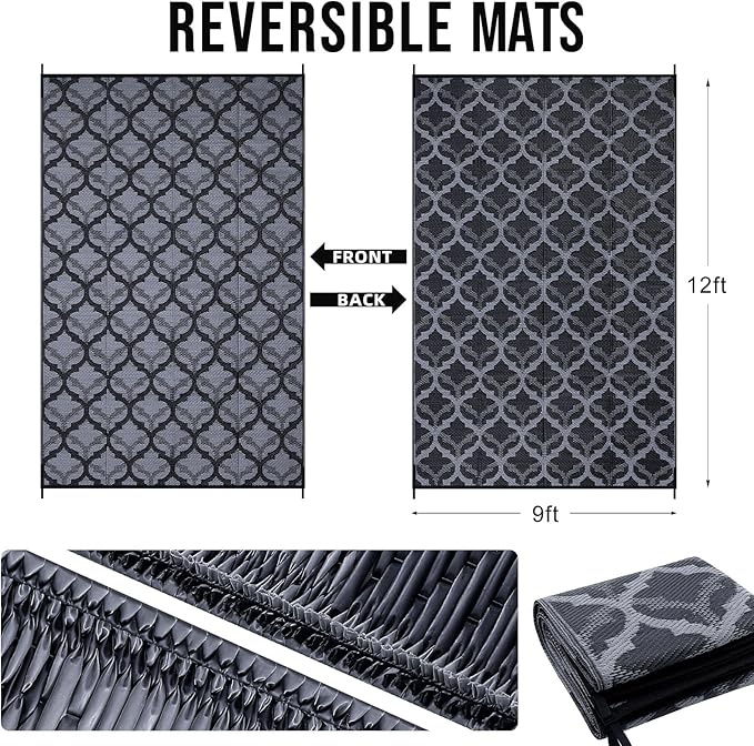 OLANLY Reversible Outdoor Rug 9x12 ft Clearance, Waterproof Outdoor Plastic Straw Rug with Interlacing Pattern, RV Mat for Patio, Camping, Balcony, Deck, Backyard, Black & Grey