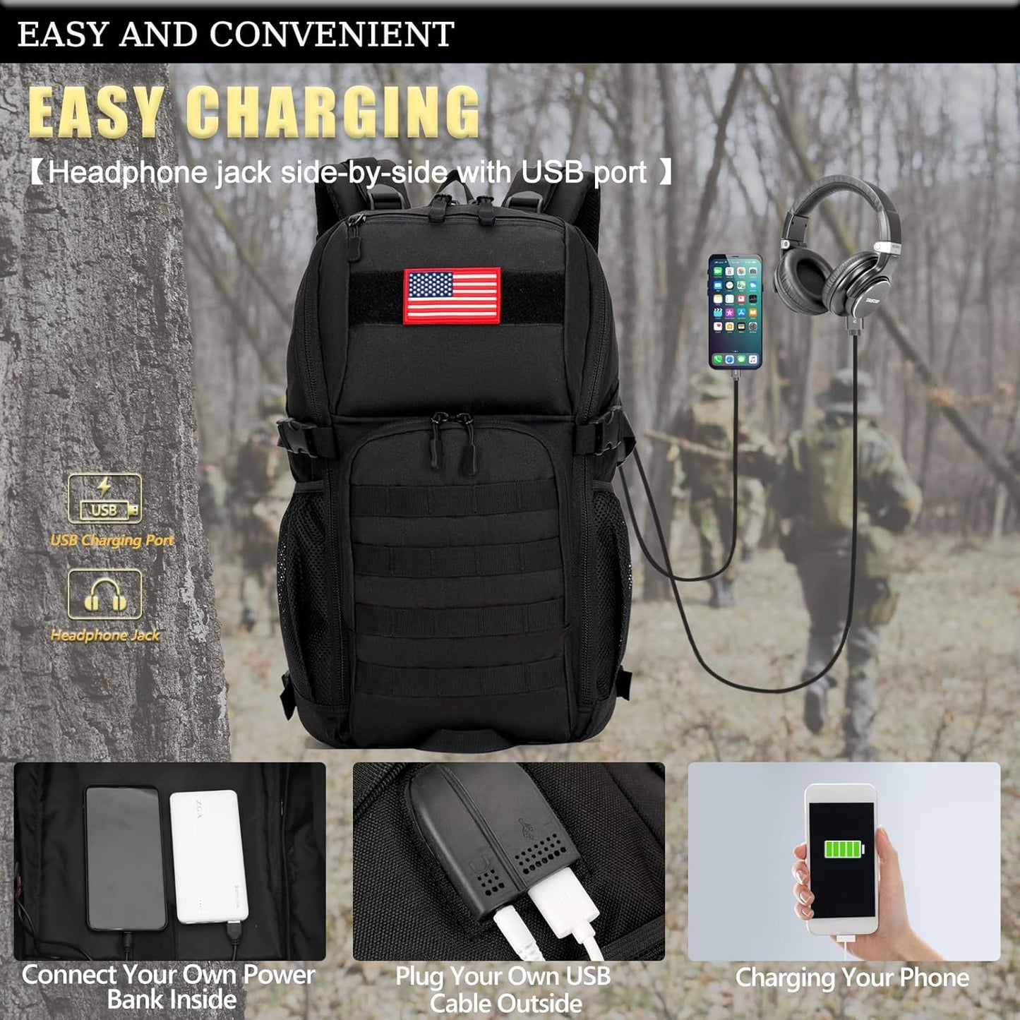outdoor plus Camo Backpack,Military Boys Backpacks for School,40L Army Bookbag with USB Charging Port Waterproof