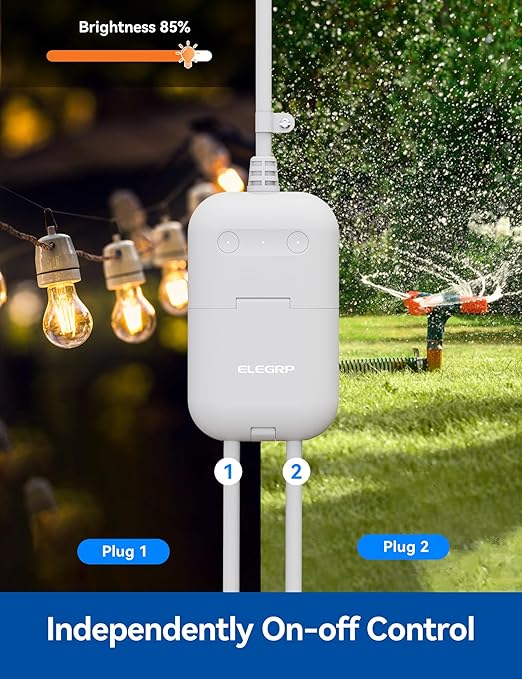ELEGRP Outdoor Smart Dimmer Plug Waterproof IP66, Smart WiFi Plug with 2 Individually Sockets, Compatible with Alexa & Google Assistant, Outdoor Dimmer for String Lights, UL Listed, 2 Pack, Grey