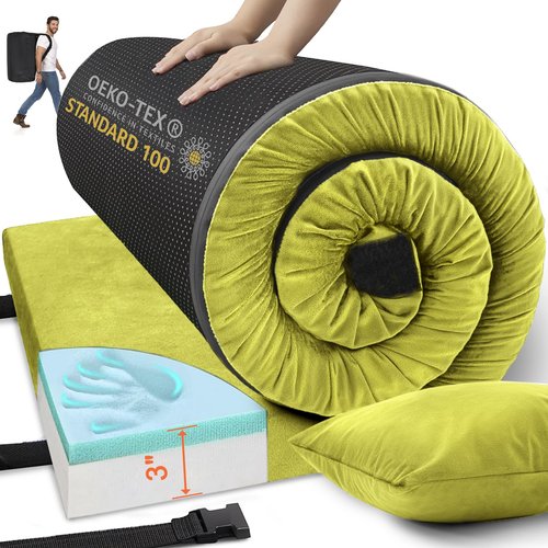 Airpanda Memory Foam Camping Mattress Sleeping Pad, 3" Thick Waterproof Portable Roll Up Sleeping Mats & Floor Mattress Pad with Pillow + Travel Bag for Camping Car Truck Tent Sleepover Kids Adult