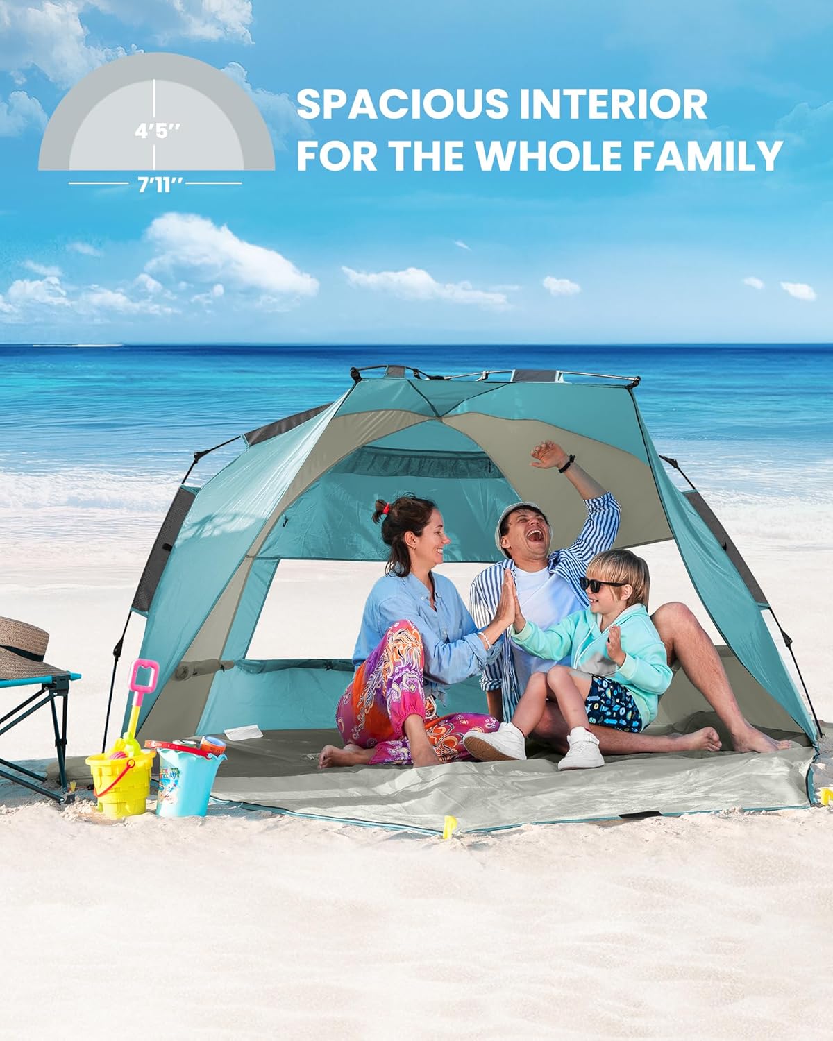 OutdoorMaster Beach Tent Sun Shelter for 3-4 Person, Pop Up Beach Tent Easy Setup with Sandbags, Portable Sun Shade Canopy with Carrying Bag for Beach & Outdoor, UPF50+ UV Protection, Family Size