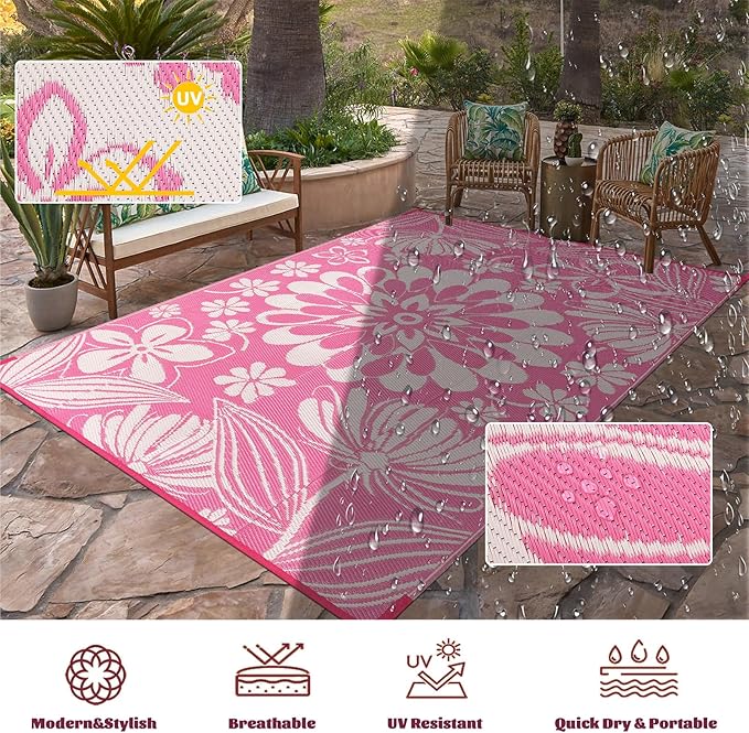 Ileading Outdoor Plastic Straw Rug 8x10ft Funny Floral Style Reversible Patio Area Rugs Waterproof Non Shedding Portable Carpets for Rv Outside Deck Pool Beach Picnic Camping (Pink)