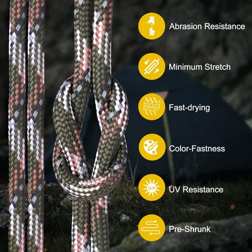 Thadavo 850Ib Reflective ParachuteRope, 50/100/200/500/1000ft 4MM 11 Strand Cords, Survival Paracord Rope Tie Down for Crafting, Tent, Camping, Clotheline, Hiking, Fishing, Camo Green 200FT