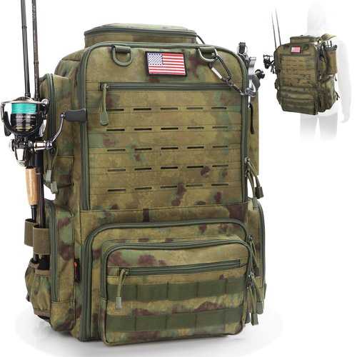 FunVZU Fishing Backpack, Fishing Tackle Backpack with Rod Holders for 4 Boxes (Box Not Included) 45L Waterproof Fishing Gear, Ideal for Men and Women Tackle Box Bag (Forest Green Camo)