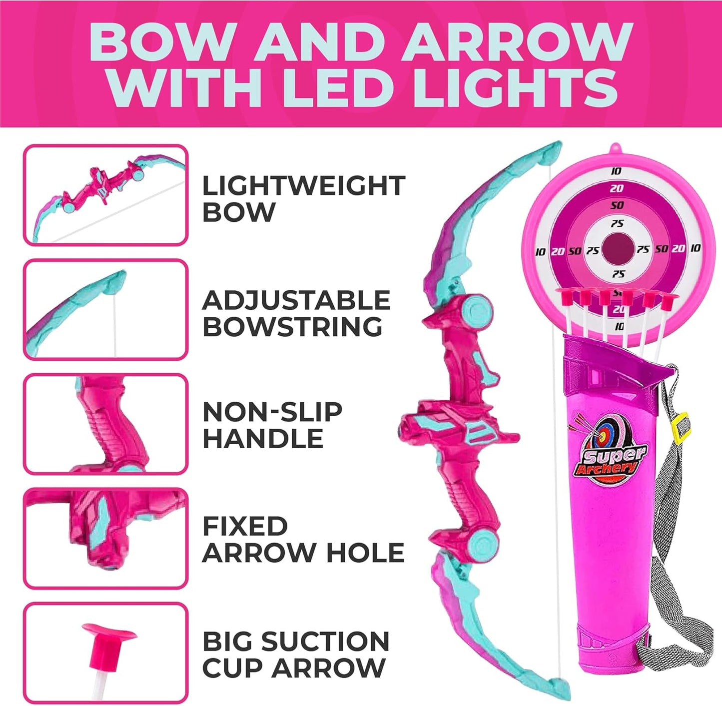 Toysery Kids Archery Set with LED Flash Lights, Toy Bow and Arrow Set for 6-8 Years Old Boys, Includes Archery Bow, 6 Archery Arrows, Target, Quiver - Great for Youth Practice