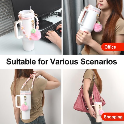 Wongeto Stanley Cup Accessories Set Including Water Bottle Handle Strap, Stanley Charms Cute Keychain for Stanley 30oz 40oz Tumbler Stanley Accessories- Woven Stanley Handle Strap(Pink)