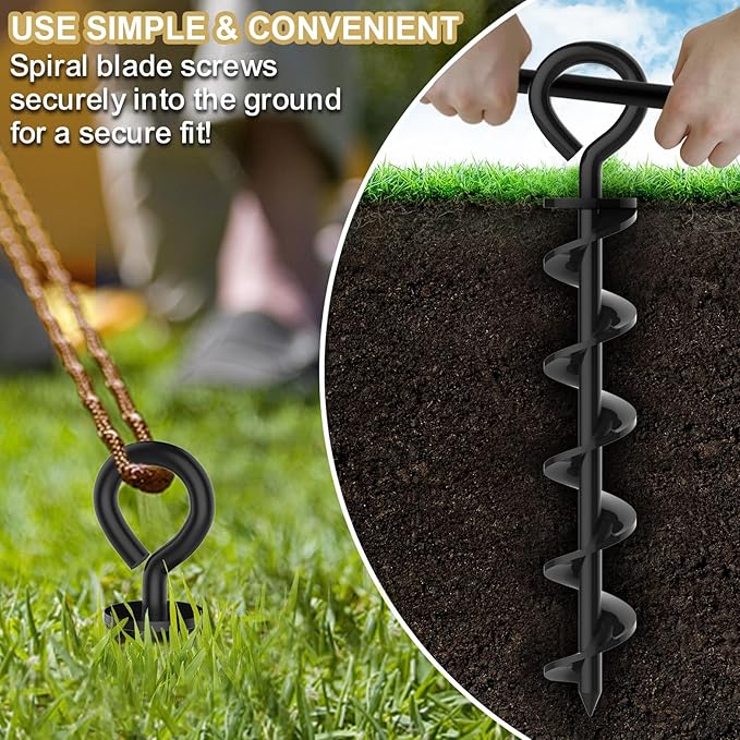 Eurmax USA Canopy Tent Stakes Dog Tie Out Stakes Corkscrew Shape Steel Trampoline Stakes with Iron Rod Installation Tool & 4 Wind Ropes - Set of 4 (Black)