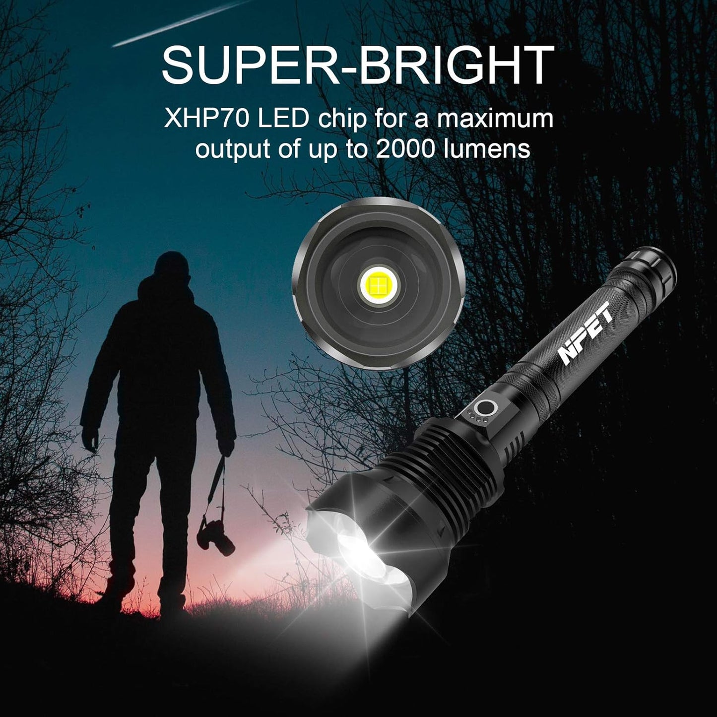 NPET T10 Car Flashlight 500 Lumens LED COB Light Solar Powered USB Rechargeable Tactical Multi-Function Torch Tool with 120dB Siren Window Breaker Seat Belt Cutter Compass for Camping