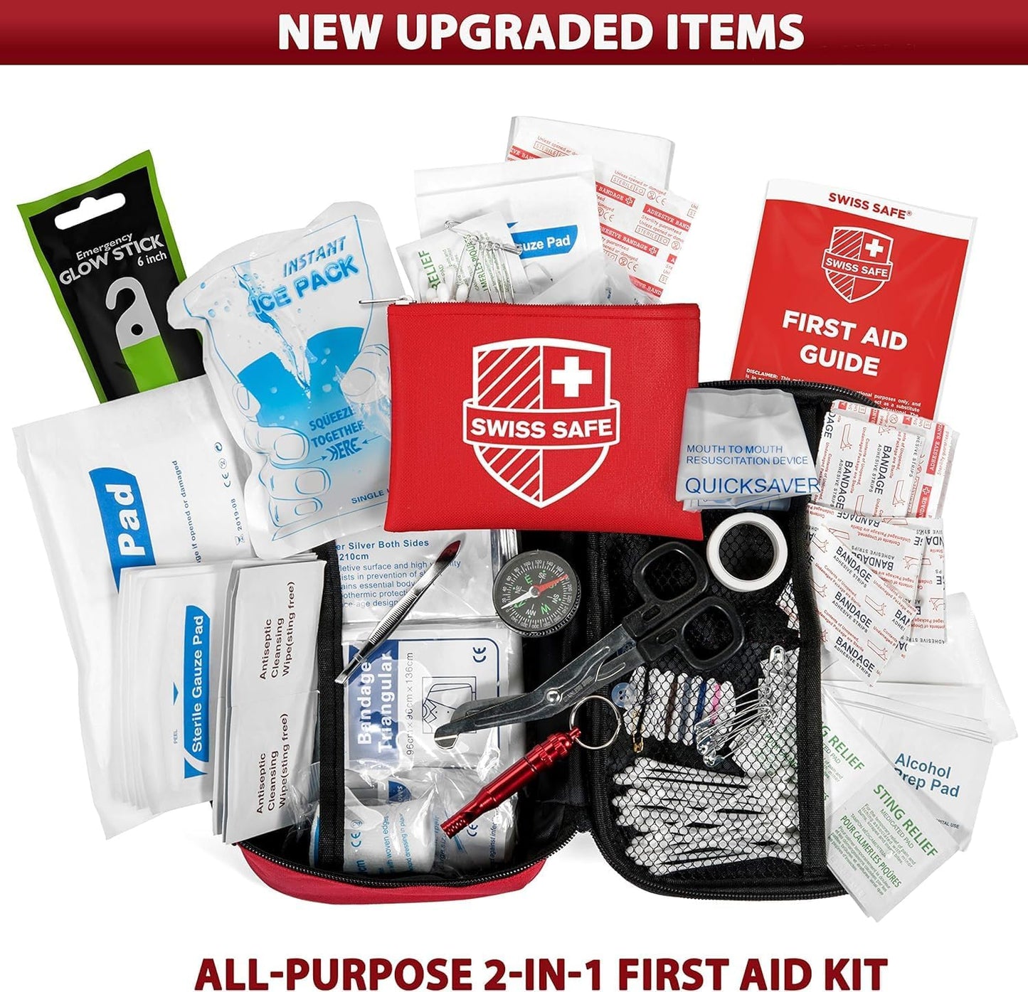 Swiss Safe 2-in-1 First Aid Kit for Car, Travel & Home, Businesses - Bonus Mini Kit for Medical Emergency Aid, Survival, Camping - 64 Piece, Travel FAK