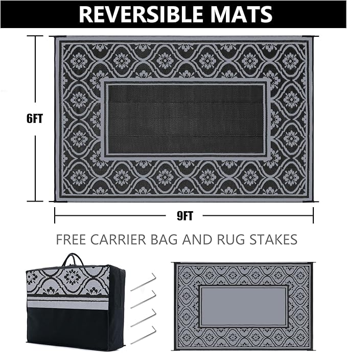 Outdoor Plastic Straw Rug, Waterproof Outdoor Rugs for Patios Clearance, Reversible Area Rug, Large Outside Carpet for Camping, Balcony, RV, Deck, Picnic, Beach (6x9ft Lantern/Black&Grey)