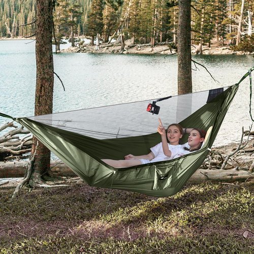 Travel Bird Camping Hammock with Mosquito Net and Ridge Rope, Extra Large for 2 Person, Lightweight Hanging Hammocks Tree Straps, All-in-one Fast Open Hammock for Outside, Hiking, and Travel