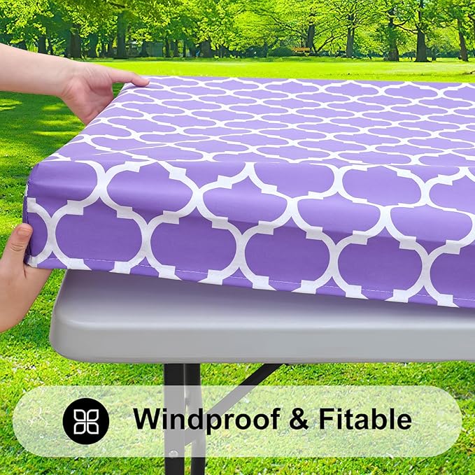 Smiry Rectangle Picnic Table Cover, Waterproof Elastic Fitted Camping Tablecloths for 4 Foot Tables, Wipeable Flannel Backed Vinyl Tablecloth Protector for Indoor, Outdoor (Lavender, 24x48 Inches)
