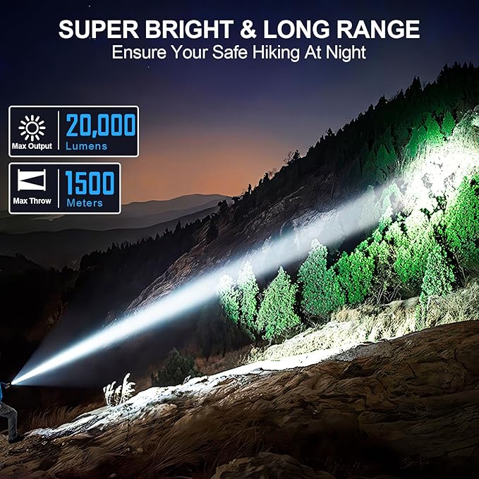 Flashlights High Lumens Rechargeable, 20000 Lumens Super Bright 1500 Meters Long Range Small Powerful Flashlight, 6 Modes LED Tactical Pocket Waterproof Flash Light for Home Emergency (1, Red)