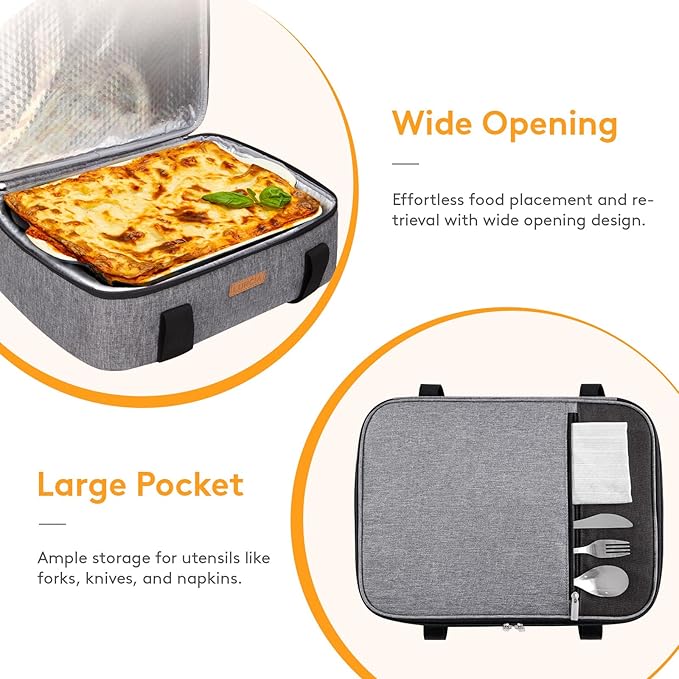 Insulated Casserole Carrier for Hot or Cold Food, Lasagna Lugger Tote for Potluck Parties/Picnic/Cookouts, Fits 9"x13" Baking Dish, Grey