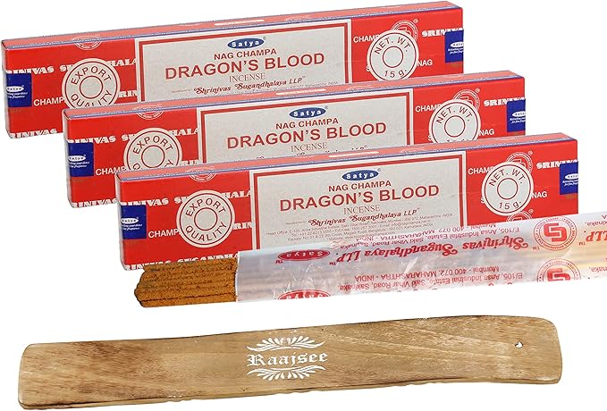 Satya Dragon Blood Incense Sticks, Satya sai Baba Insenses 15gmx3 (45 gm) Pack with Raajsee Incense Holder Bundle, Satya Nag Champa Natural Incense