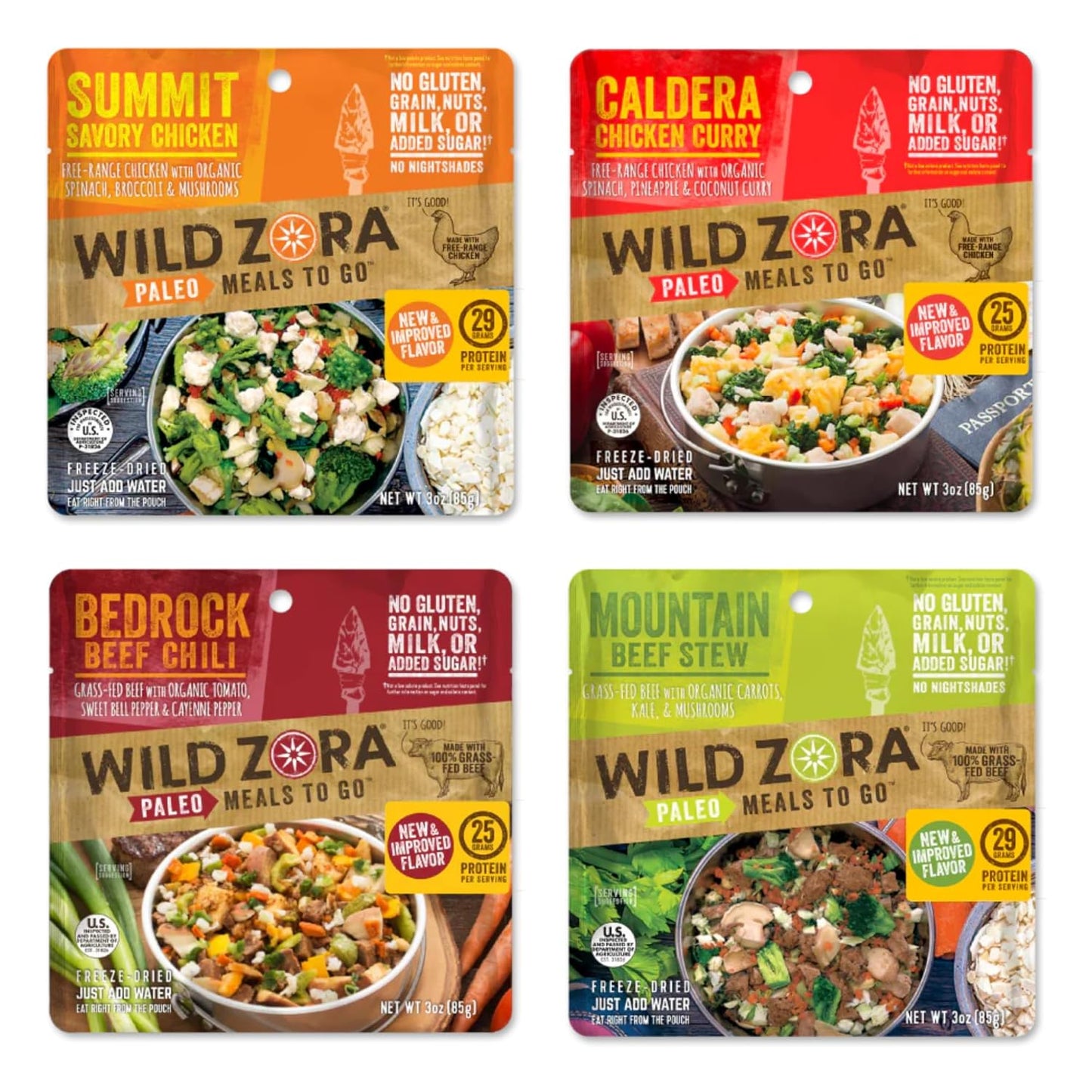 Wild Zora Paleo Freeze Dried Meals for Backpacking & Camping - Healthy Gluten Free & Grain Free Camping Meals/Backpacking Food + No Added Sugar - Great for Travel (AIP 4-pack)