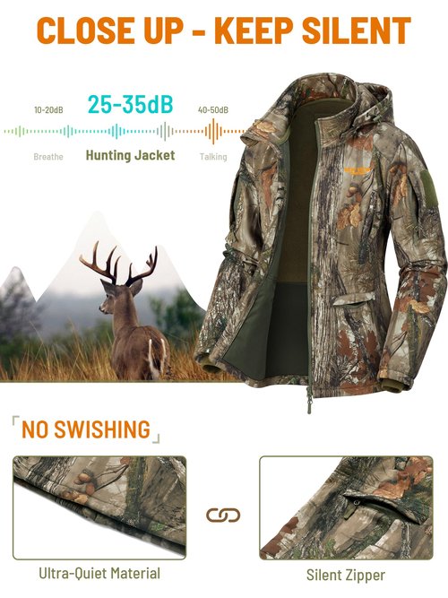 NEW VIEW Womens Hunting Clothes, Upgraded Ultra-Quiet Water Resistant Camo Hunting Jacket for Duck Waterfowl Deer Hunting, Nv Camo Leaf, Large