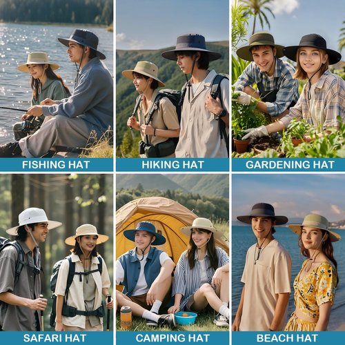 Sun Hats for Men Women Wide Brim Bucket Hat UPF 50+ Ponytail Boonie Hat Packable UV Protection Hiking Beach Fishing Safari
