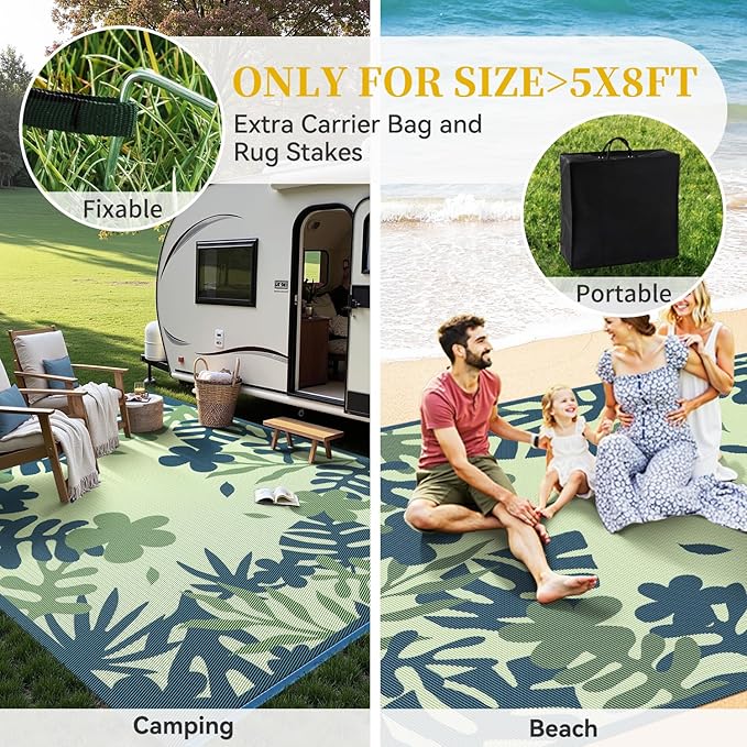 MontVoo Outdoor Rug Waterproof 6x9 ft RV Outdoor Rug for Camping Picnic Mat Outdoor Patio Rug Carpet Plastic Straw Reversible Floral Teal Blue Green