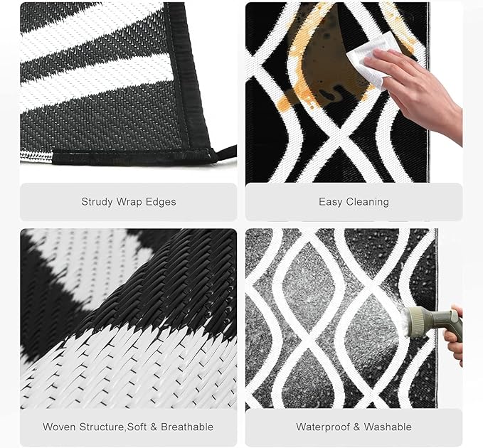 wikiwiki Outdoor Rug, 6x9ft Waterproof Reversible Mat Indoor Outdoor Rugs Carpet, Small Area Rug Plastic Straw Rug for Patio Deck Balcony Pool RV Camping Beach Picnic, Black & White, Rugscape Series
