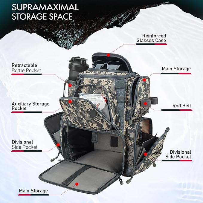 Piscifun Fishing Tackle Backpack with 4 Trays, Large Outdoor Storage Tackle Bag with Protective Rain Cover for Fishing Gear
