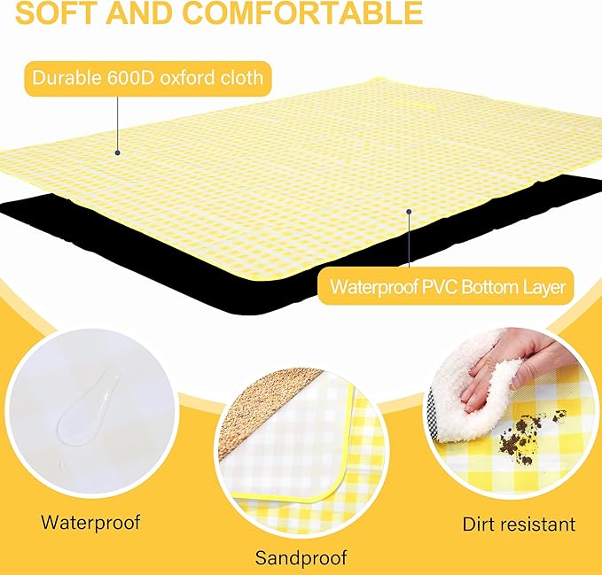 Picnic Blanket Outdoor Extra Large Picnic Mat 80"X60" Camping Blanket Beach Blanket Foldable Waterproof Sand Mat Hiking Travel Family Concerts(Yellow)