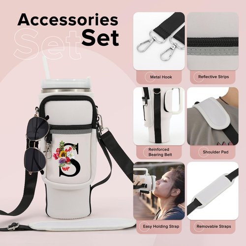 heweiautobsr 40 oz Initial Stanley Cup Holder with Adjustable Shoulder & Handheld Strap and Phone Pocket, Insulated Neoprene, White