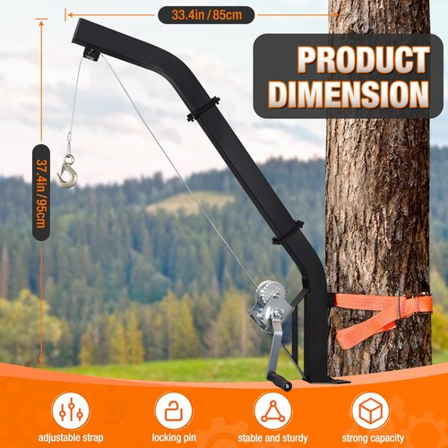 Tree Mounted Deer Hoist for Hunting, 500LBS Hunting Game Hoist Winch Lift, 23FT Steel Cable Heavy Duty Deer Hanger for Skinning, Field Dressing, Included Ratchet Strap Hanging Deer Feeder Hanger
