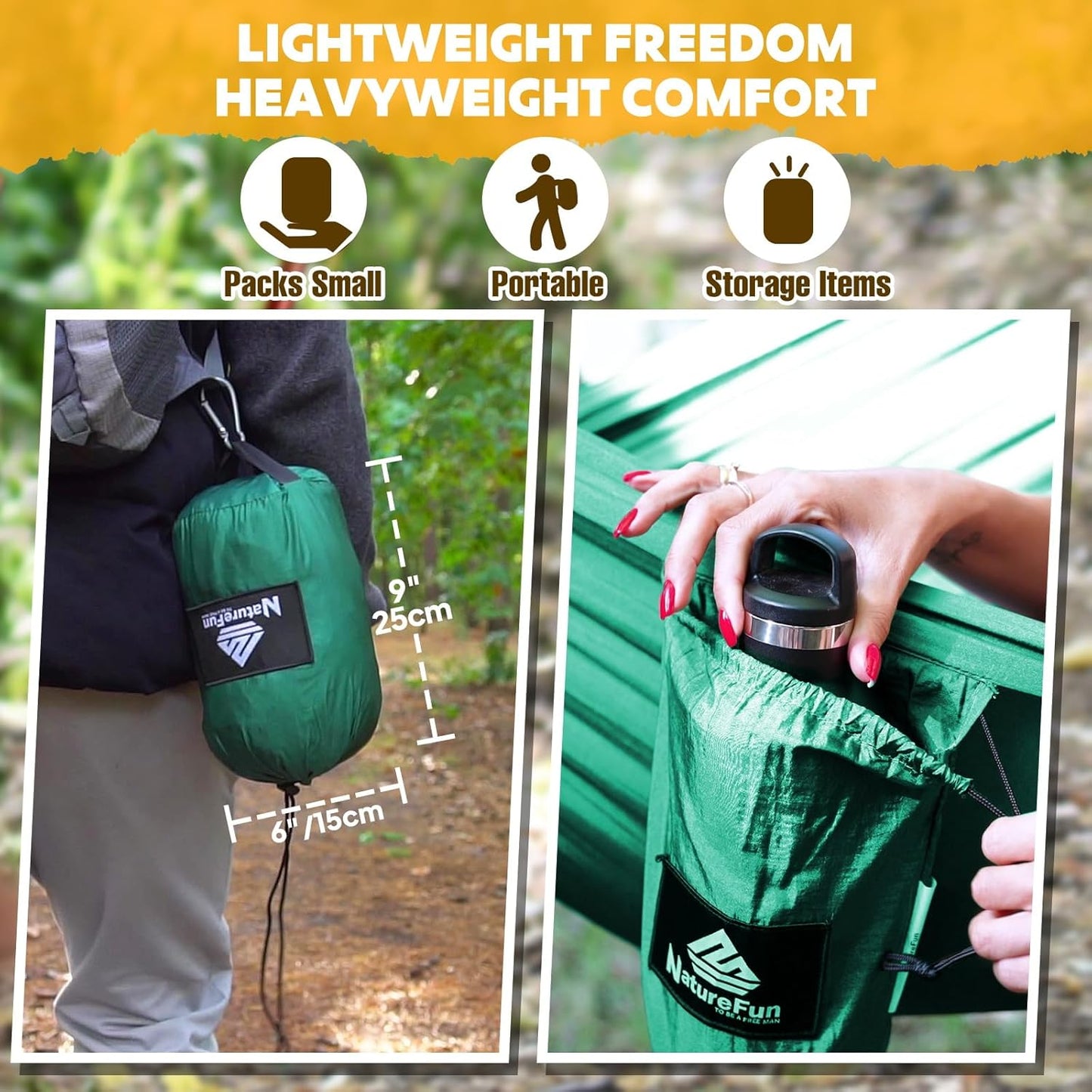 NATUREFUN Ultra-Light Travel Camping Hammock | 300kg Load Capacity,Breathable,Quick-Drying | 2 x Premium Carabiners,2 x Nylon Slings Included | Outdoor Indoor Garden