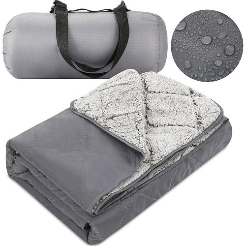 Tranqun Large Outdoor Blanket 78'' x 55'' Quilted Windproof Waterproof Gray Fleece Sandproof Stadium Foldable Warm Blanket for Camping Picnic Sporting Events Cold Weather