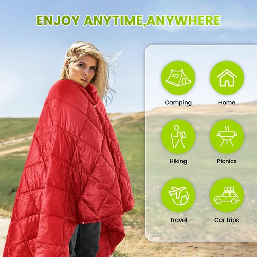 CPJCMP Camping Blanket,Lightweight Puffy Blanket Packable Down Alternative Throw Blanket Waterproof Windproof for Camping, Hiking, Backpacking,Airplane,Outdoors, Travel, Beach, Red, 57” x 78.7”
