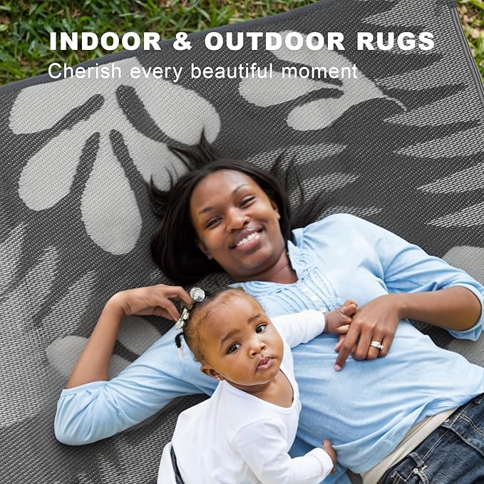 wikiwiki Outdoor Rug, 6x9ft Waterproof Reversible Mat Indoor Outdoor Rugs Carpet, Small Area Rug Plastic Straw Rug for Patio Deck Balcony Pool RV Camping Beach Picnic, Grey Leaves, Rugscape Series