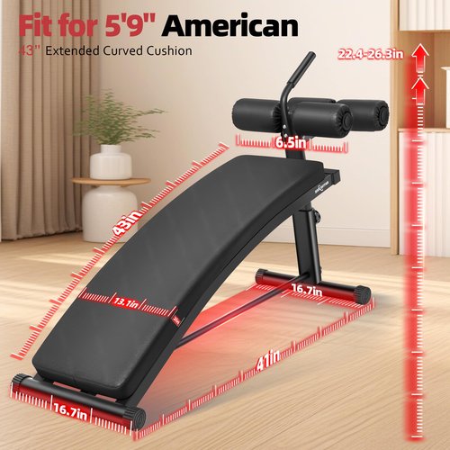 BODY RHYTHM Sit Up Bench with 3 Adjustable Heights and Reverse Crunch Handle, Curved Ab Workout Bench for Home Gym, Adjustable Weight Bench for Core Workouts and Decline Bench Press, Suitable for Individuals Up to 5.9ft Tall. (Black)