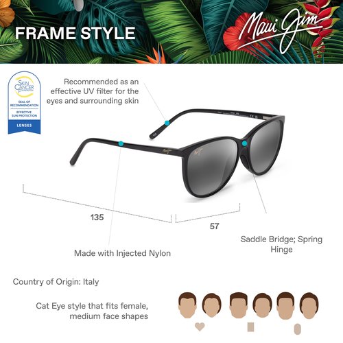 Maui Jim Women's Ocean Cat Eye Sunglasses, Shiny Black/Neutral Grey Polarized, Medium