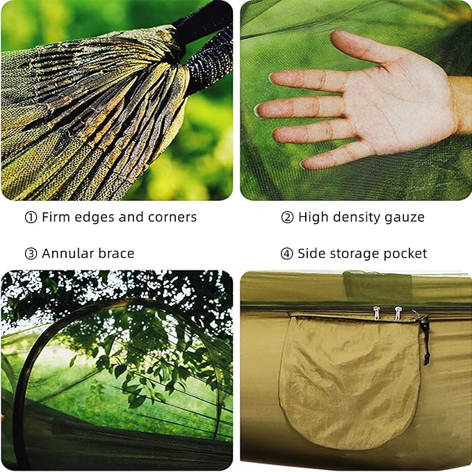 LFL Portable Camping Hammock with Mosquito Net, 1 or 2 Person Outdoor Swing Hammock, Nylon Parachute Material, Quick Opening Outside Hammock, Hiking Travel Courtyard (Black)