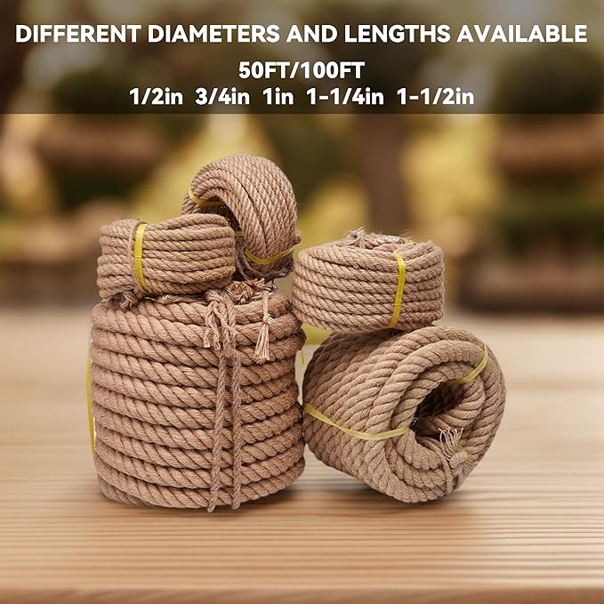 Jute Rope 1 1/2 Inch 100 Feet, Heavy Duty Rope Manila Twisted Hemp Rope Thick for Nautical, Railings, Hammock, Swing, Crafts, Bundling, Tug of War, Home Decorating, Landscaping