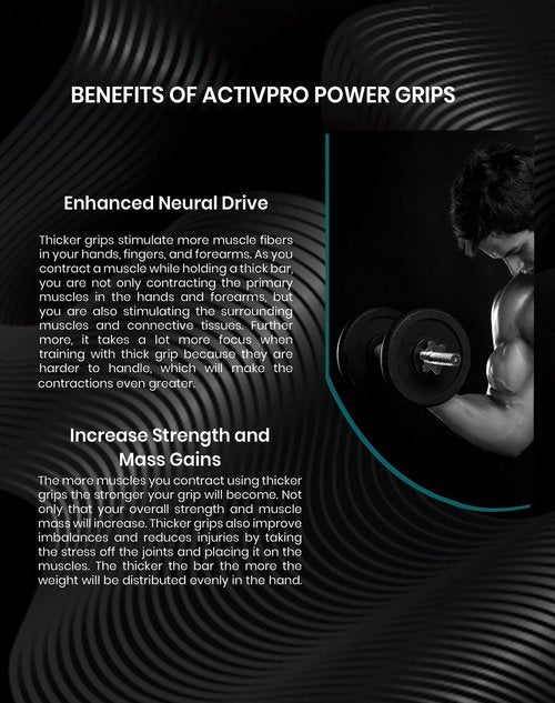 ACTIVPRO Power Grips, Dumbbell Barbell Grips, Top Grade Silicone, Biceps & Forearms Builder, Big Muscles, Thick Grips, Fat Grips, Strength Training (Black)