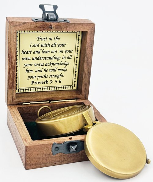 LEITH CAMINDS Trust in The Lord Engraved Compass with Wooden Box, Brass Antique Compass for Hiking, Camping, Religious Gifts Men Women Catholic, Graduation Gift- Inside Engraved, Bronze