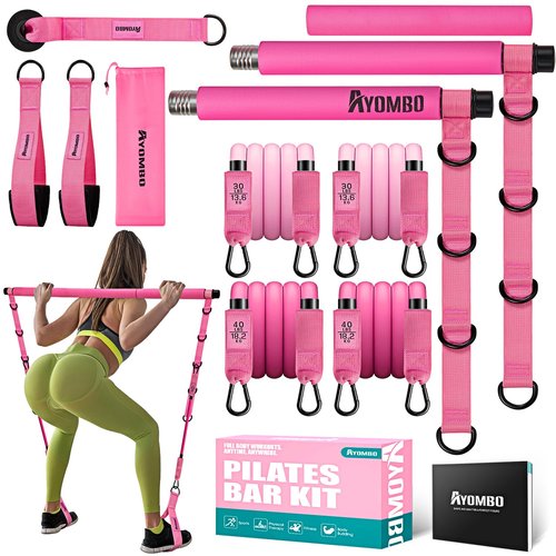 Resistance Bands with Cuffs, Pilates Bar Kit with Resistance Bands, Ankle Bands for Working Out, Pilates Workout Equipment for Legs, Hip, Waist, Arm, Squats Exercise Equipment for Home Workouts
