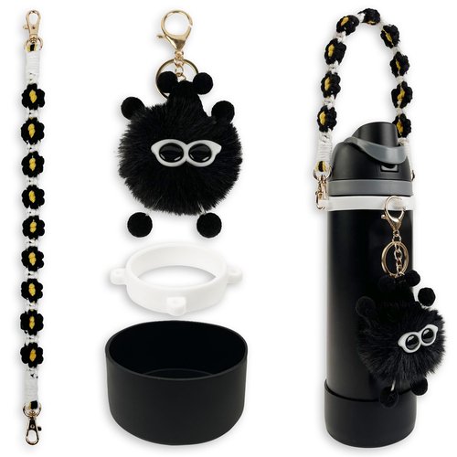 Silicone Boot Set for Owala Water Bottle 24 oz, Includes Water Bottle Handle Strap & Cartoon Charm, Perfect Owala Accessories, Fits Owala Tumbler, Owala Free Sip, for Pink owala (Black)