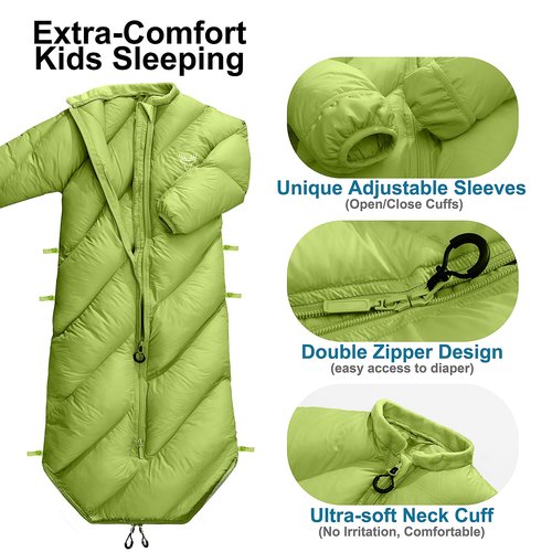 AZITREK Walkable Toddler Sleeping Bags for Kids Boys Girls (2T-4T)- Puffy Camping Sleeping Sack Machine Washable Compact (up to 46 in) Travel Sleepover Slimber Party Inddor Outdoor (Garnish Green)
