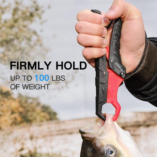 SNAIL TRAIL 7.5'' Floating Fish Gripper, Fishing Grabber, Catfish Mouth Pliers, Caught Bass Holder, Digital Scale Hook Clamp, Saltwater Lip Grip Tool with Lanyard, Gifts for Men, Black-Red