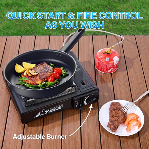 WADEO Three Fuel Portable Camping Stove with Windblocker, 3 in 1 Propane Butane Isobutane Stove with Carrying Case and Stainless Steel Hose Adapters, Gas Camp Stove for Cooking, BBQ, Travel RV, Hiking
