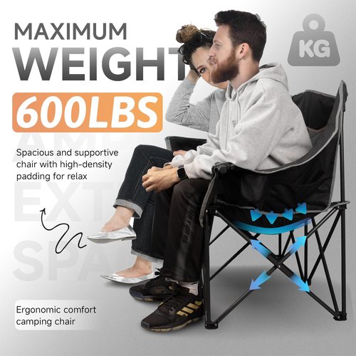 VAGANTH Double Camping Chair Oversized Padded Camping Sofa for 2 Person, Foldable Loveseat with Dual Cup Holders & Wine Glass Holders, Double Folding Chair Camping Couch for Beach, RV, Patio, Black