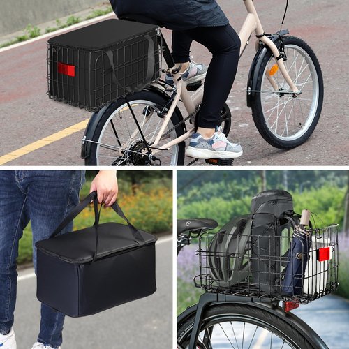 LLS Folding Bike Basket Rear, Universal, Black, Steel, 14.6 x 10.6 x 7.9 inches, 110 lbs Capacity, Reflective Tail Light, Quick Release, Ebike/Bicycle Rear Basket, Pet Carrier/Grocery