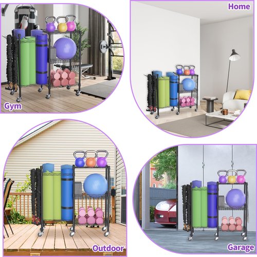 lesolar Rolling Yoga Mat Storage Rack, Yoga Storage Organizer for Home Gym Storage, 3 Tiers Gym Equipment Rack for Straps Dumbbells Kettlebells Foam Rollers Light Hand Weights Resistance Bands
