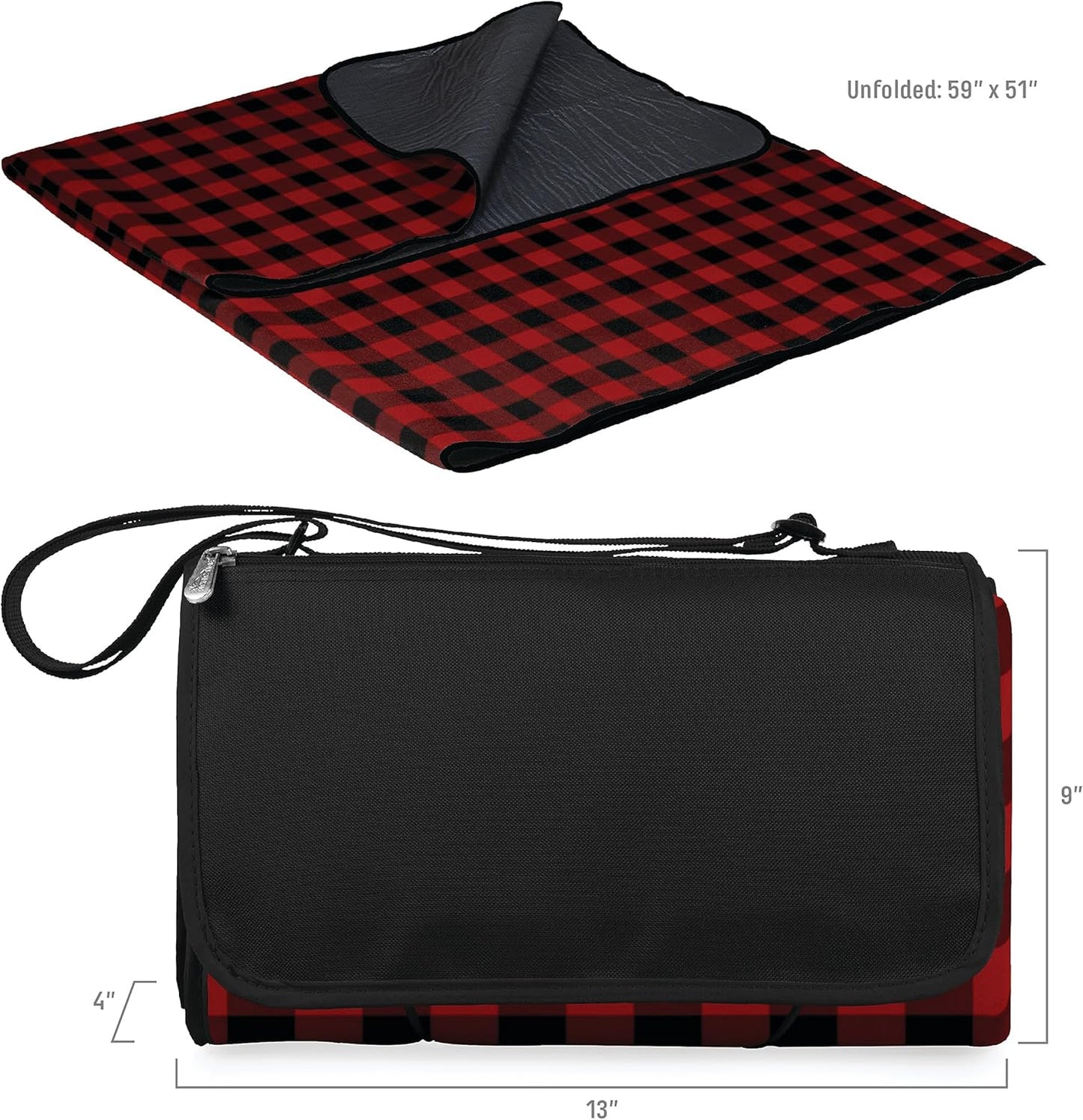 ONIVA by Picnic Time Outdoor Picnic Blanket Tote, 59"x51" Foldable Beach & Camping Blanket with Soft Fleece, Water-Resistant Bottom, Adjustable Strap & Zippered Pocket (Black Tartan, Black Flap)