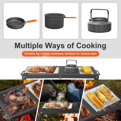 Odoland Folding Campfire Grill, Heavy Duty Steel Mesh Grate with Folding Legs and Storage Bag, Portable Camping Grates, Over Fire Pit Grill Rack for Outdoor Cooking and Bonfire